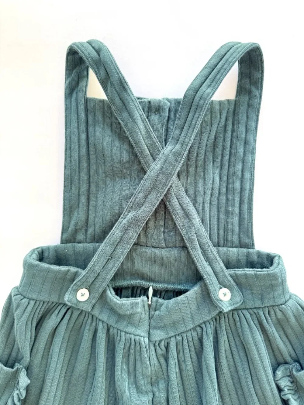 Kate Quinn Girls Sage Ribbed Pinafore Dress Sz 4T Crossback Ruffle